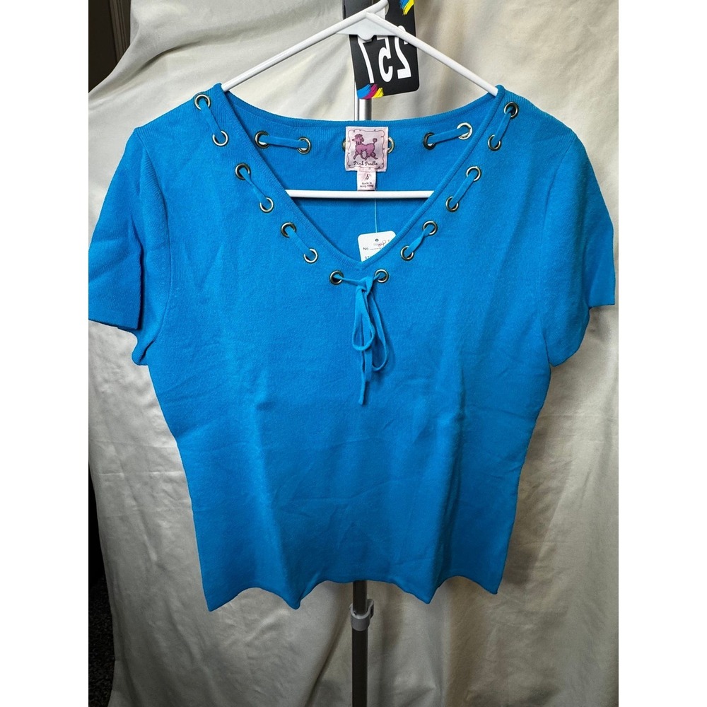 257 Pink Poodle Turquoise‎ Blue Lace Up Grommet V-Neck Short Sleeve Knit Top S